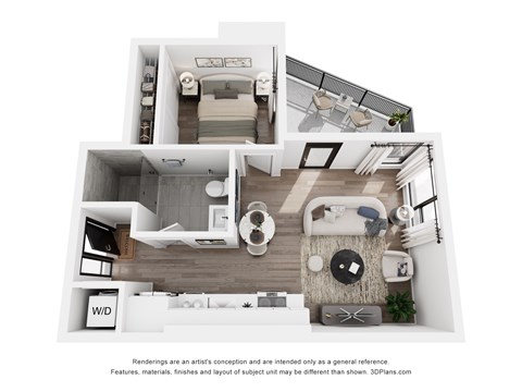 Floor plan for 1 bed, 1 bath, 539 sqft